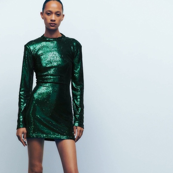 Zara Green Sequin Metallic Long Sleeve Sequin Mini Dress Size M NWT Holiday/NYE - Picture 13 of 15